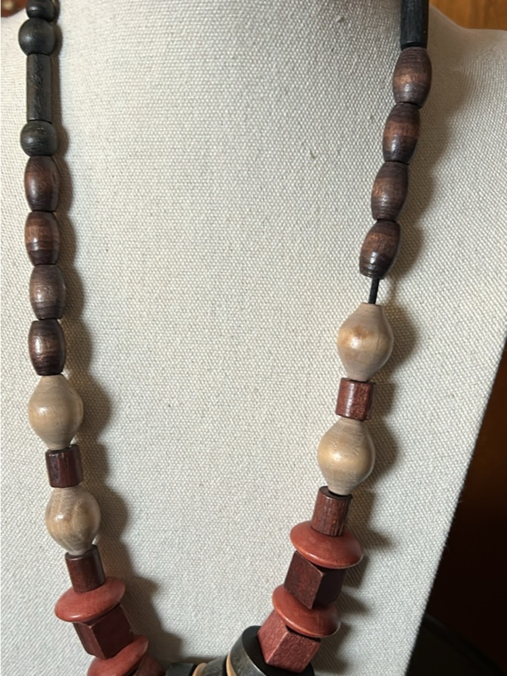 Wood Wood Multi-Shape Wooden Bead Necklace in Brown, Cream and Red-Brown